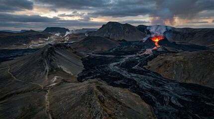 Fototapeta premium Active volcano erupting lava flow stream in a rugged volcanic landscape at dusk