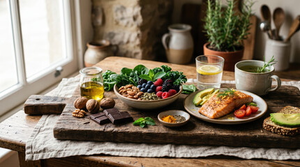 Better brain health concept. Rustic breakfast setup with granola, berries, toast, coffee, and natural light by a window.
