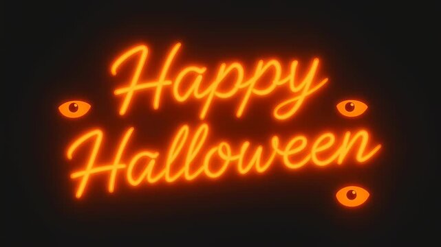 Happy Halloween Neon Sign with Spooky Glowing Eyes on Dark Background.