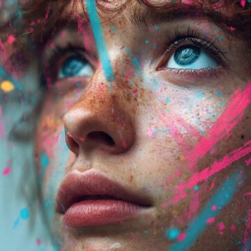 Portrait of a young person with vibrant blue eyes and freckles looking upward with colorful paint splatters artistically decorating their face and hair