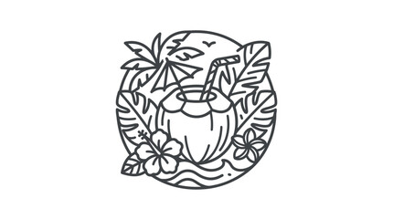 Obraz premium Tropical coconut cocktail with palm leaves line art icon.