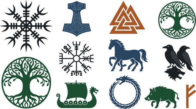 Norse Mythology and Viking Symbol Vector Set Featuring Vegvisir, Valknut, Yggdrasil, Thor&rsquo;s Hammer, Rune Icons, and Nordic Heritage Emblems