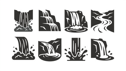 Eight stylized waterfall icons – black-and-white vector water cascades set for graphic design. Symbols vektor illustration. © Dijee Art