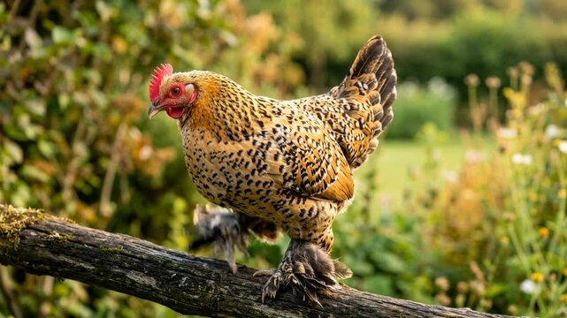 booted bantam chicken in netherlands farmyard close up morning light video
