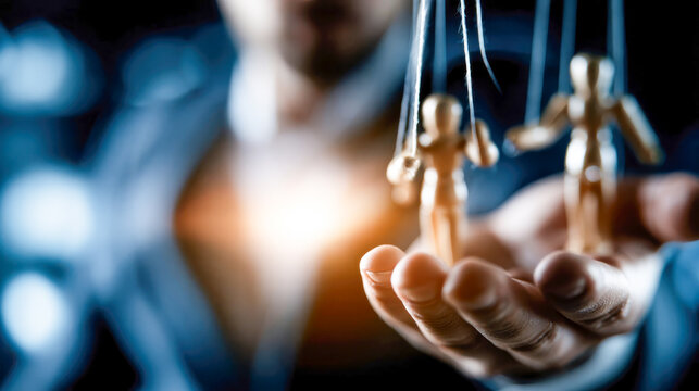 Businessman controlling wooden mannequins with strings, symbolic concept of manipulation, power, authority and human dependency