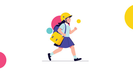 Fototapeta premium Cute little schoolgirl in a blue skirt and yellow helmet running happily with her backpack on her way to school for a new day.