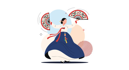 Obraz premium Beautiful Korean woman wearing a traditional Hanbok dress performs a graceful fan dance against a creative abstract background.