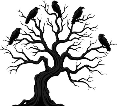 Spooky Halloween Spooky Tree Vector Graphic with Black Ravens and Crows Perched on Bare Branches for Gothic Horror Holiday Designs