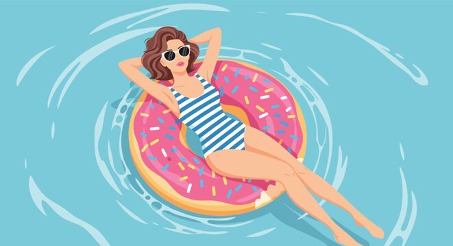 Stylish woman in a striped swimsuit and sunglasses relaxes on a colorful donut float in clear blue swimming pool water.