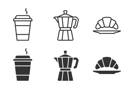 Coffee icons set: takeaway cup, moka pot, croissant.