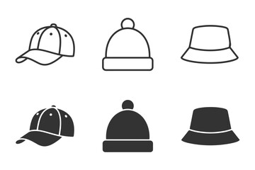 Fototapeta premium Variety of hat styles: baseball, beanie, and bucket shapes in simple icons.