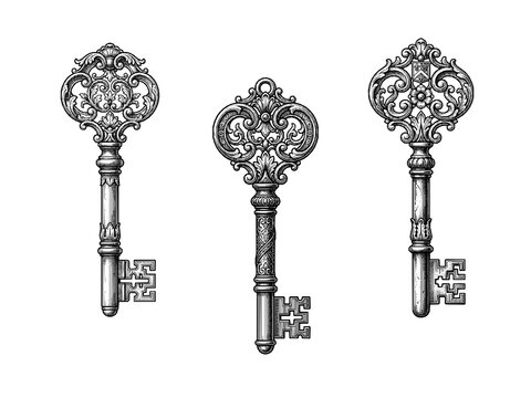 Skeleton Key Engraving Set Isolated White Background
