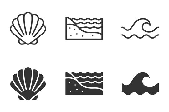 Set of minimalist beach icons featuring shells and waves.