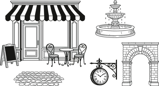 Vintage European street cafe vector elements set featuring boutique storefront awning stone arch fountain and outdoor furniture isolated on white background.