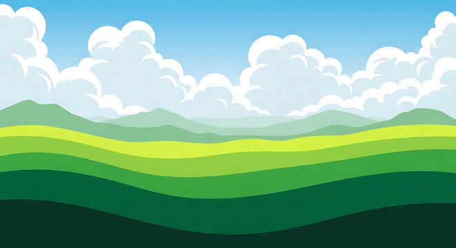 Stylized flat vector landscape with rolling green hills and white clouds landscape illustration environment minimalist background peaceful