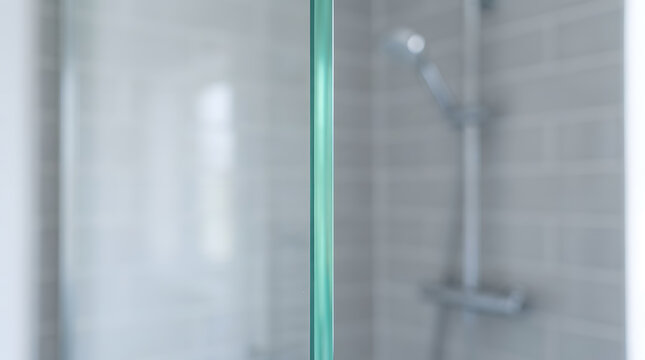 Glass shower door edge close-up | Minimalist bathroom interior with gray tiles | Modern shower head blurred background | Contemporary home renovation | Sleek transparent glass partition