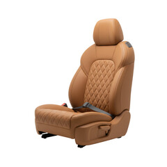 Naklejka premium Tan leather car captain's chair with diamond-quilted stitching, integrated dark grey seatbelt, subtly lit against a transparent studio background, showcasing automotive luxury concept
