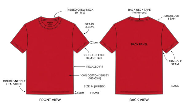 Red Basic T Shirt Fashion Flat Template with Technical Front and Back Illustration