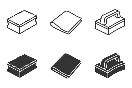 Cleaning products icons: sponge, cloth, scrubber - black and white line art.