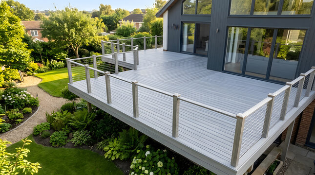 Modern Grey Composite Decking with Cable Railing and Contemporary House Exterior | Luxury Outdoor Living Space and Garden Landscape Design | Multi-Level Terrace for Backyard Entertainment | Architectu