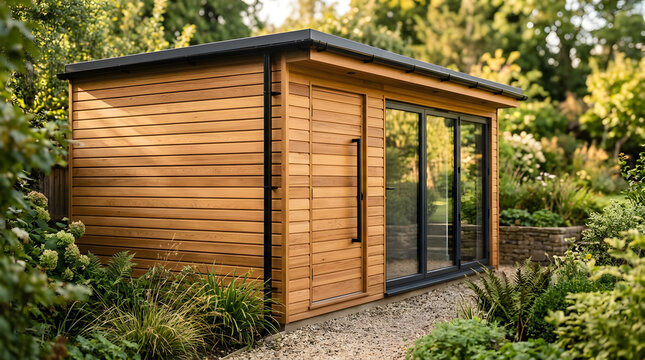 Modern Garden Office with Wood Siding and Glass Doors | Contemporary Outdoor Studio for Home Working | Luxury Backyard Retreat with Lush Landscaping | Sustainable Timber Cabin in Nature | Professional