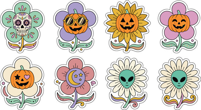Groovy Retro Halloween Flower Sticker Set with Pumpkin Skull Alien and Moon Face Vector Illustration