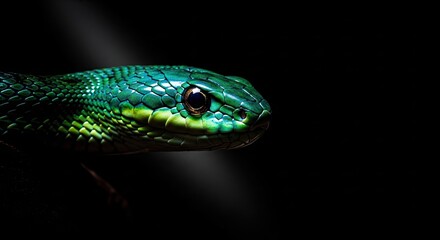 Fototapeta premium Close up of a vibrant green snake against a dark background
