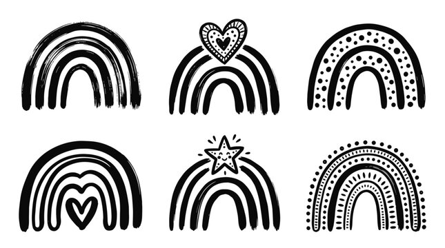 Six stylized hand-drawn black and white rainbow illustrations. Unique patterns. Clean white background. Versatile graphics