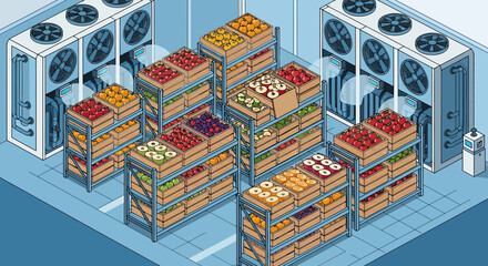 Fototapeta premium Produce Cold Storage Room with Racks of Fresh Fruits and Vegetables