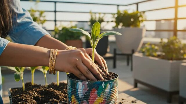 Hands planting young seedling into recycled painted tin can on urban rooftop garden at sunset gardening