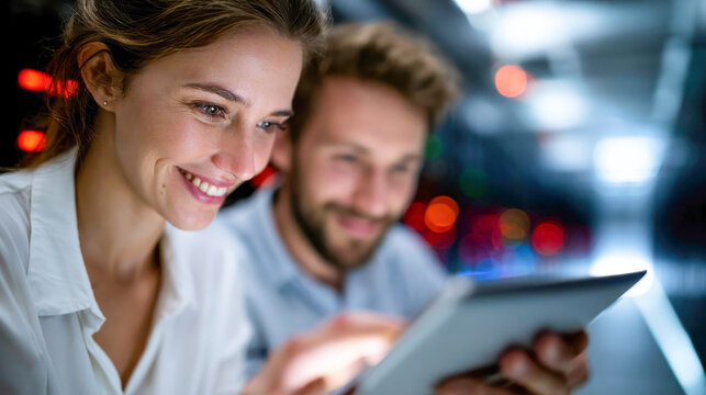 Two IT engineers reviewing server infrastructure on tablet in data center, network maintenance and technology teamwork concept