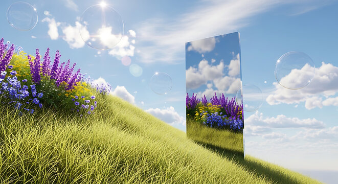 Surreal landscape with standing mirror reflecting lavender flower field and sky reflection landscape lavender conceptual outdoors creative sunlight sculpture perspective