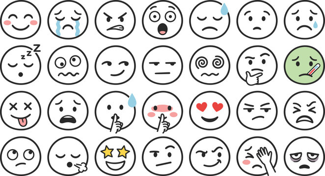 Emoji Face Expression Vector Set Featuring Happy, Sad, Angry, Surprised, Sick, Love, and Funny Emoticon Characters for Digital Communication