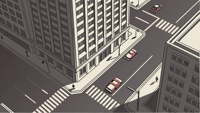 Cars drive past tall buildings on a city street corner with a crosswalk