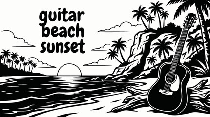 acoustic guitar on tropical beach landscape environment with relaxing music atmosphere travel scenery and creative lifestyle theme © samira