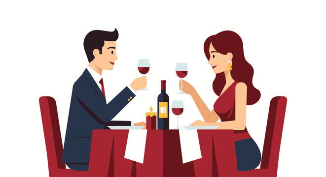Romantic Couple Toasting with Red Wine at Candlelight Dinner Date Vector Illustration