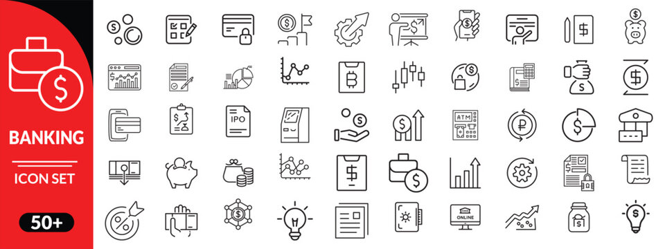 Banking icon set. Money icon set outline style. Financial and banking line icon collection. Business and investment symbols. Wallet, cash, piggy bank, bank, mobile banking concepts