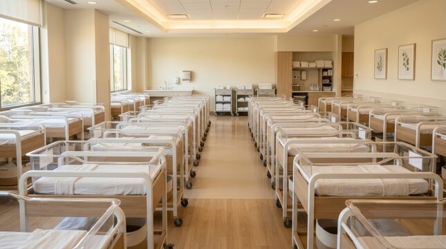 Nursery Room with Rows of Empty Cribs in Modern Hospital Ward