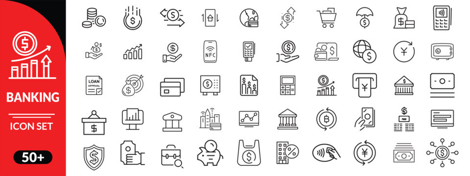 Banking icon set. Money icon set outline style. Financial and banking line icon collection. Business and investment symbols. Wallet, cash, piggy bank, bank, mobile banking concepts