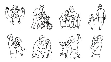 Obraz premium Minimalist line art father and daughter icons, set of 8 family life illustrations, black and white fatherhood and parenting vector graphics