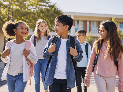 Happy Diverse Schoolchildren Walking Together with Backpacks Outside School in Morning Sunlight