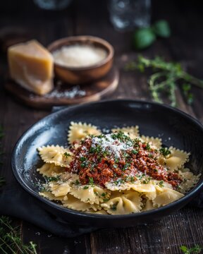 Farfalle pasta with bolognese sauce and parmesan cheese