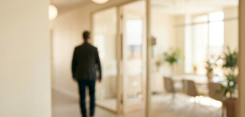 Fototapeta premium A blurred image of a man walking towards a well-lit office. The background features plants and a modern conference room, creating a professional atmosphere.