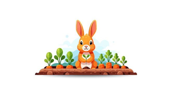 Cute cartoon bunny in a carrot patch with fresh greens and carrots