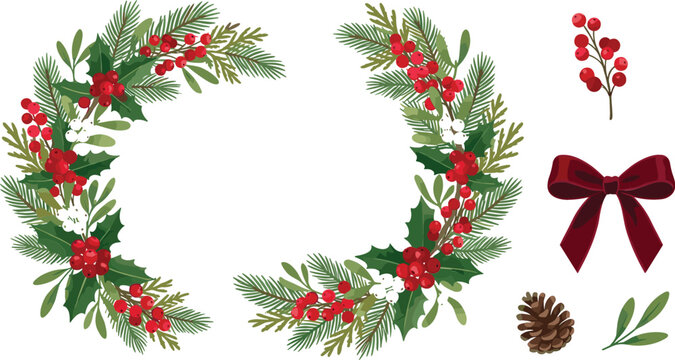 Winter holiday floral semi circular border bundle with evergreen fir twigs mistletoe cotton flowers and rustic decorations for Christmas greeting cards