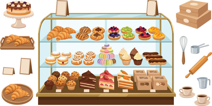 Bakery Display Case with Pastries Cakes Croissants Muffins and Sweet Desserts Vector Illustration Set