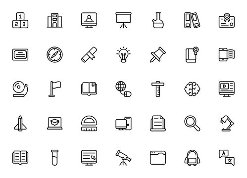 School icon set. Minimal linear icons. Education pack. Featuring maths, teacher, lab, library, certificate, graduation, book, pencil, bell, flag, brain, video, and more.