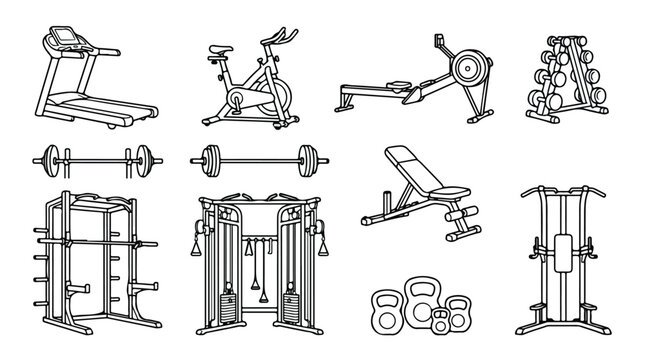 Gym equipment line icons set, fitness workout machines and weightlifting gear vector, black and white exercise tools for home gym and bodybuilding