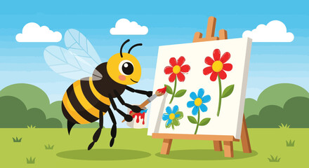 Fototapeta premium Cute Bee Artist Painting Flowers on Canvas Outdoors