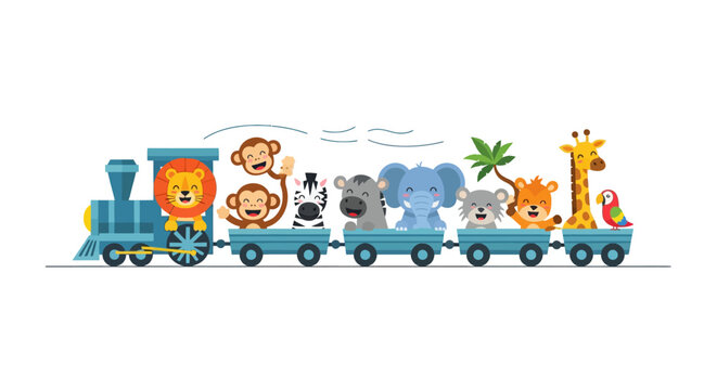Cute cartoon animals riding a train